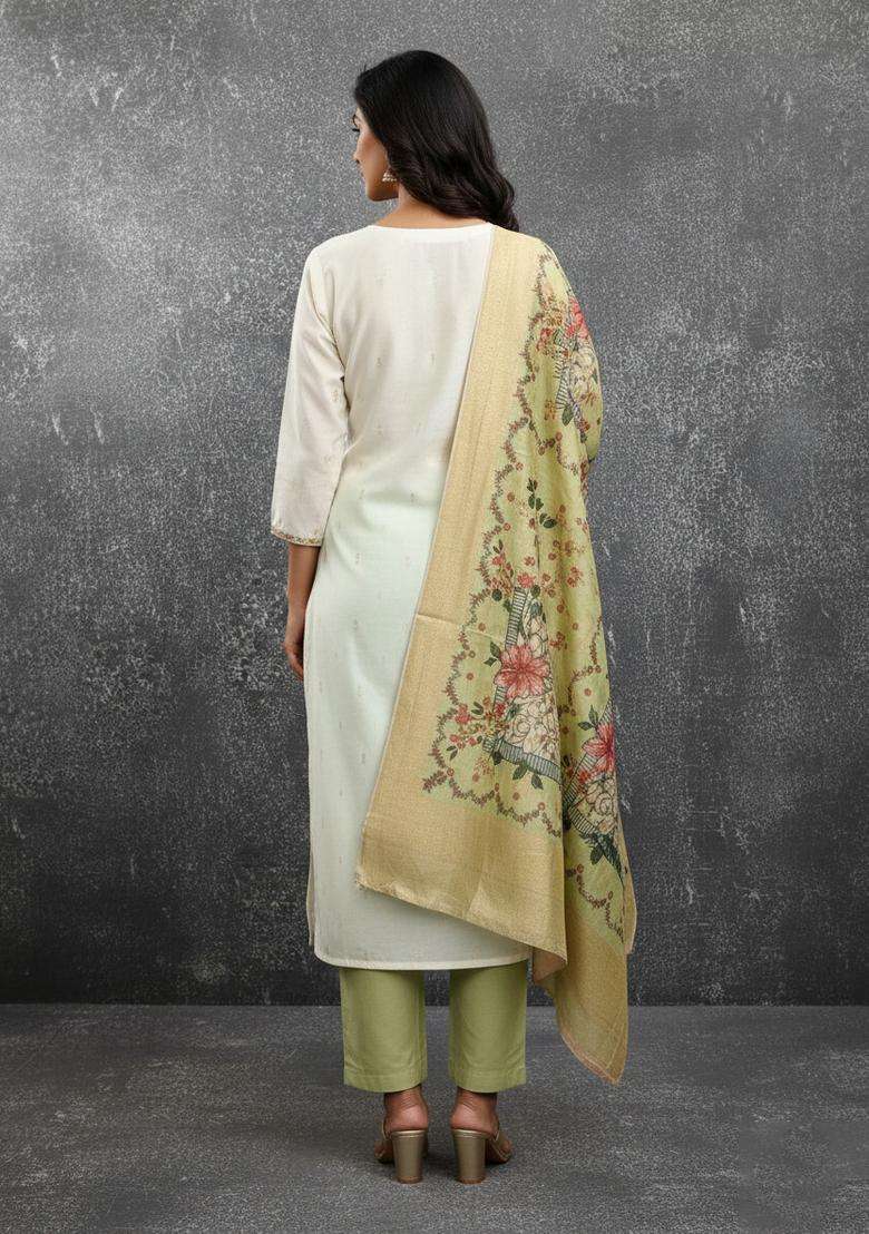 Mustard Embroidery Jacquard Kurta Set - Indya