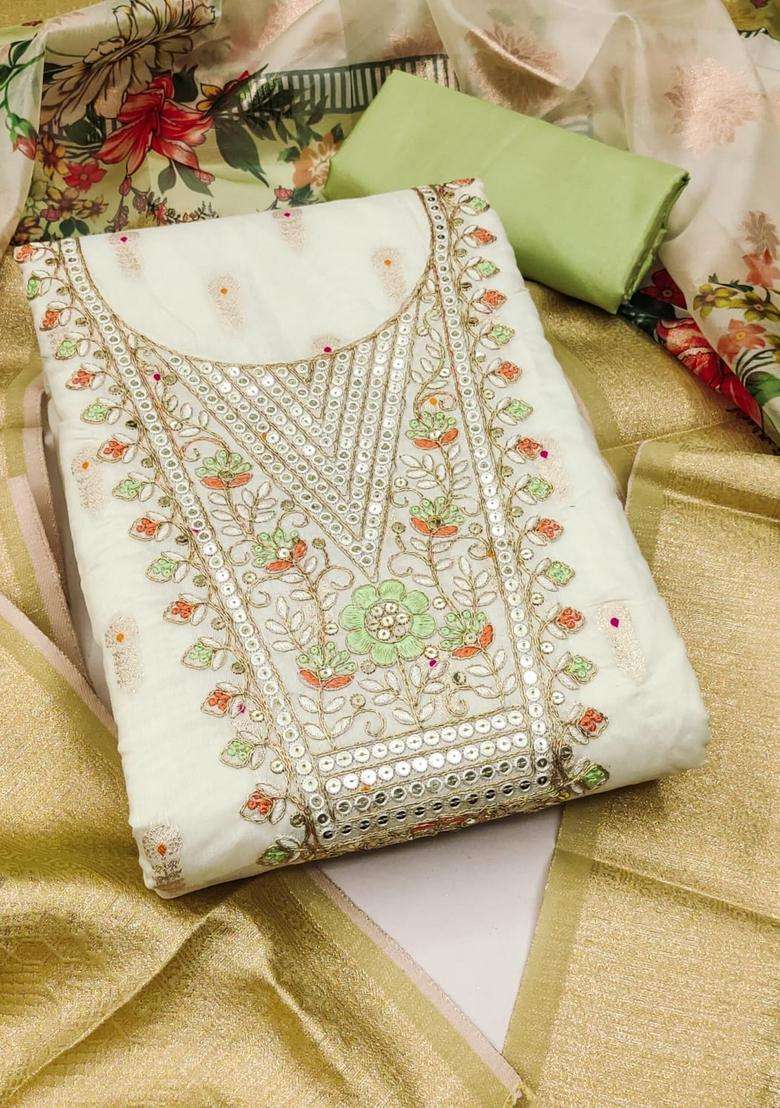 Mustard Embroidery Jacquard Kurta Set - Indya