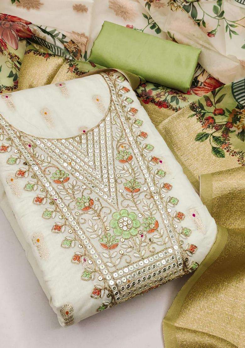 Mustard Embroidery Jacquard Kurta Set - Indya