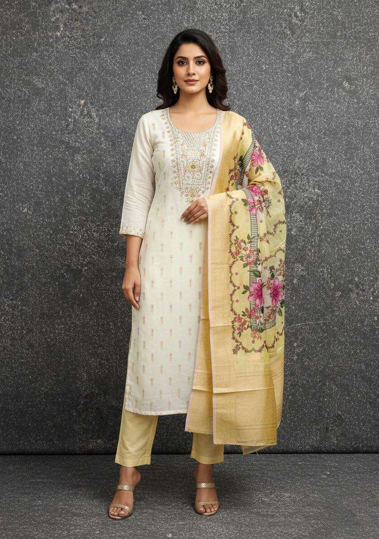 Cream Embroidery Jacquard Kurta Set - Indya