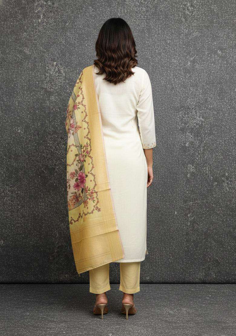 Cream Embroidery Jacquard Kurta Set - Indya