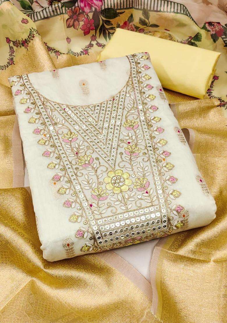 Cream Embroidery Jacquard Kurta Set - Indya