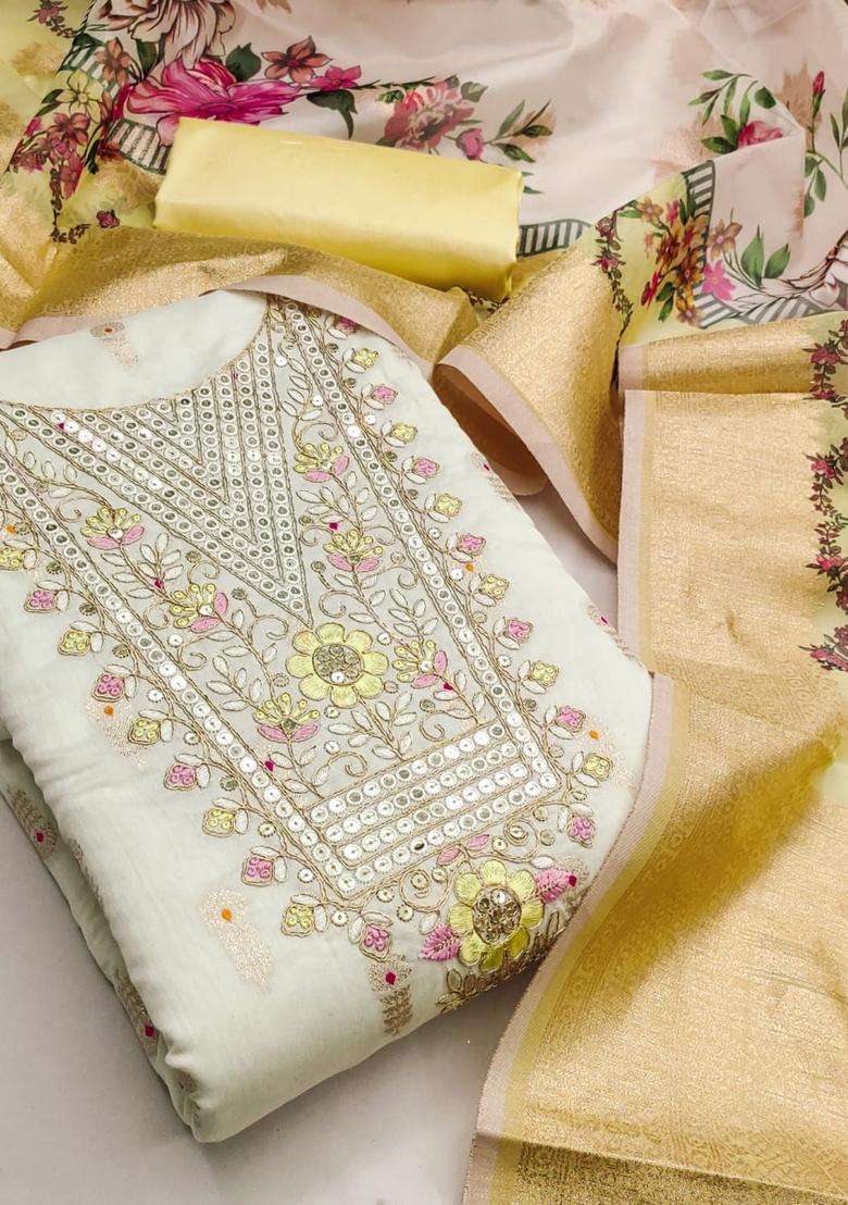 Cream Embroidery Jacquard Kurta Set - Indya