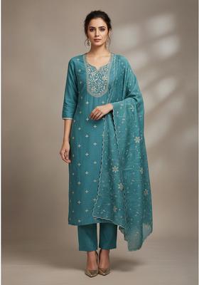Blue Embroidery Silk Kurta Set