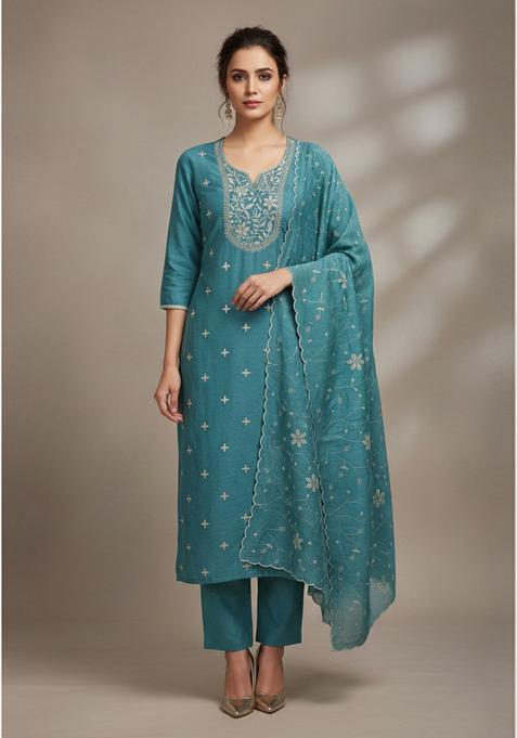 Blue Embroidery Silk Kurta Set
