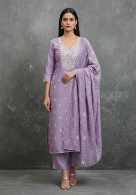 Wine Embroidery Silk Kurta Set