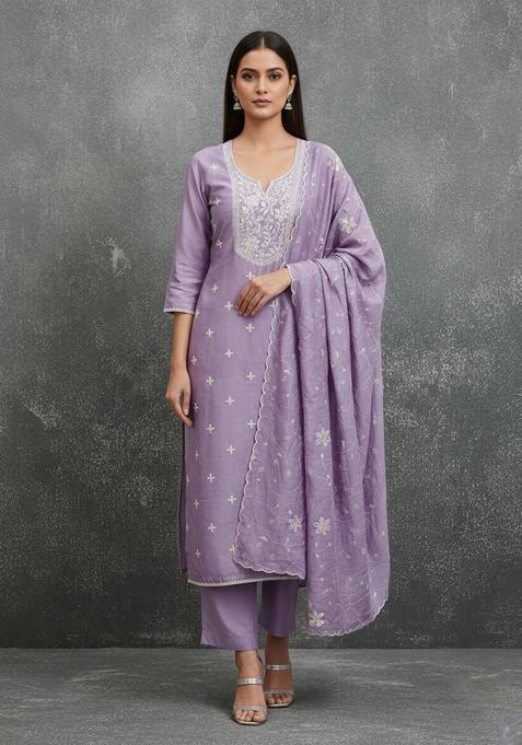 Wine Embroidery Silk Kurta Set