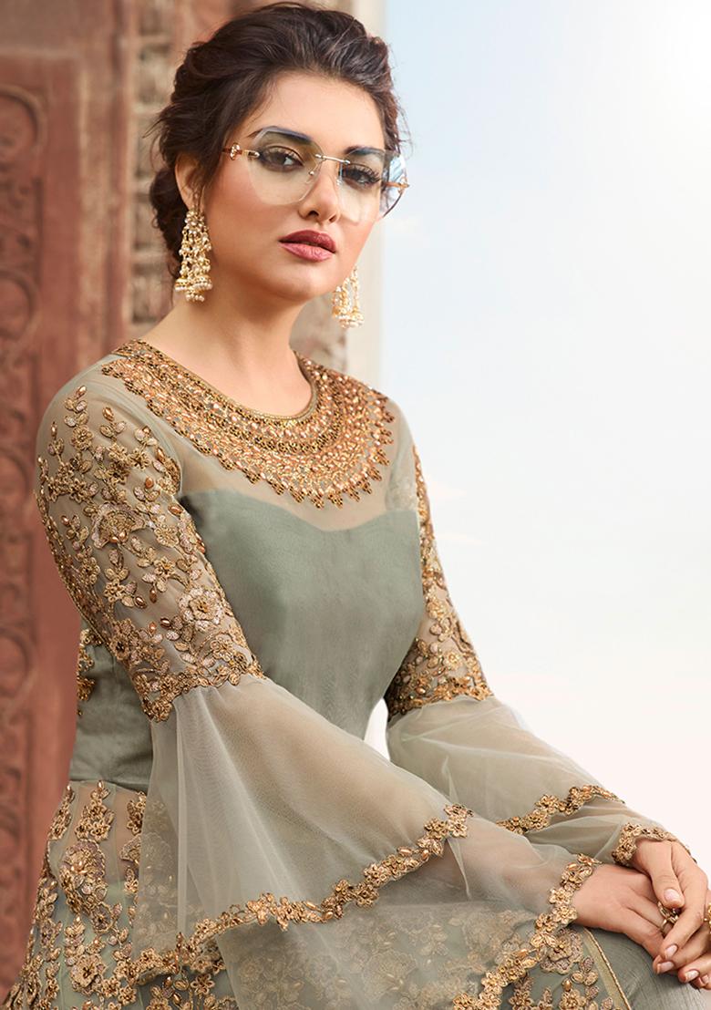 Green Embroidered Net Kurta Set - Indya