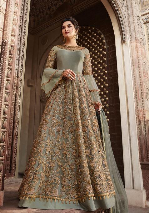 Green Embroidered Net Kurta Set