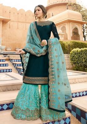 Teal Blue Embroidered Georgette Kurta Set