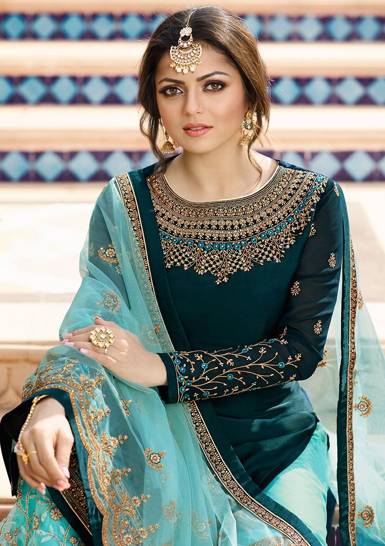 Teal Blue Embroidered Georgette Kurta Set - Indya