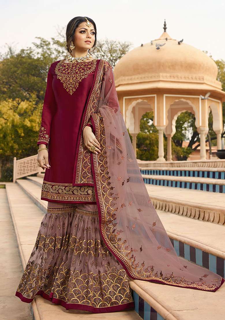 Wine Embroidered Georgette Sharara Set - Indya