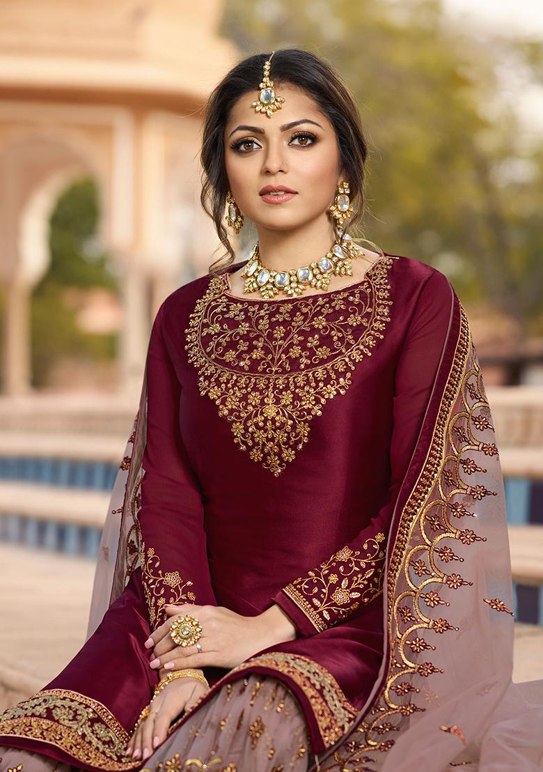 Wine Embroidered Georgette Kurta Set - Indya