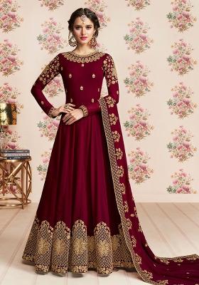 Maroon Embroidered Georgette Kurta Set