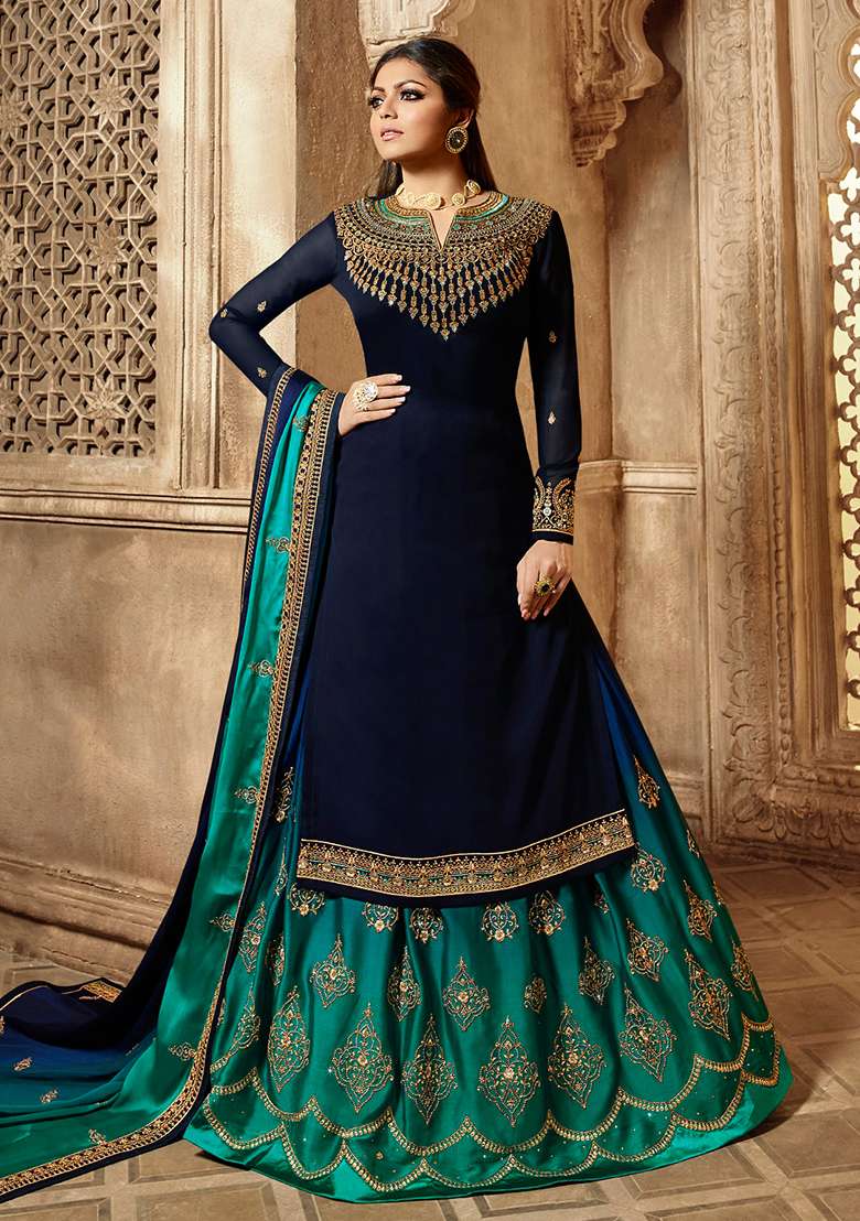 Blue Embroidered Georgette Kurta Set - Indya