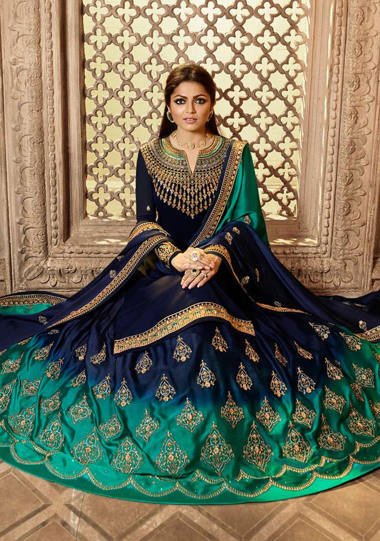 Blue Embroidered Georgette Kurta Set - Indya