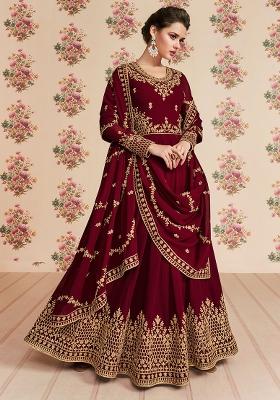 Maroon Embroidered Georgette Kurta Set