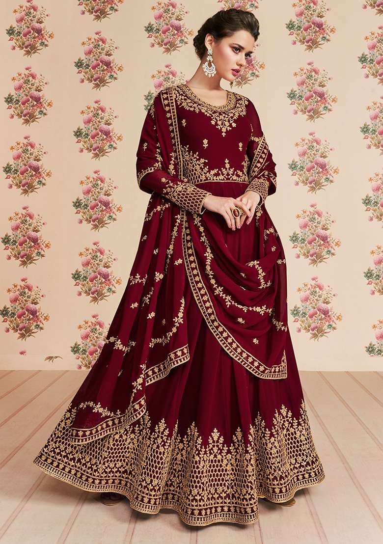 Maroon Embroidered Georgette Anarkali Set - Indya