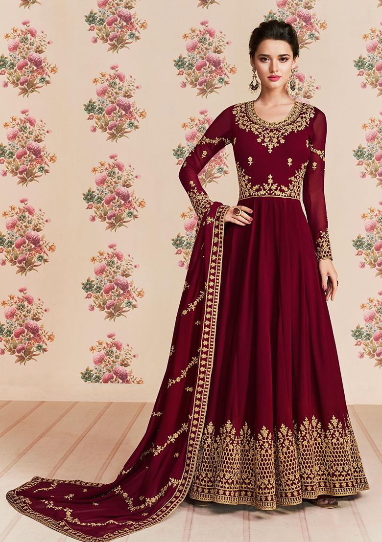 Maroon Embroidered Georgette Kurta Set - Indya