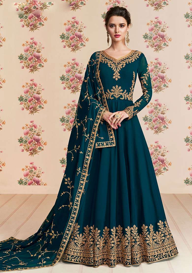 Teal Blue Embroidered Georgette Anarkali Set - Indya