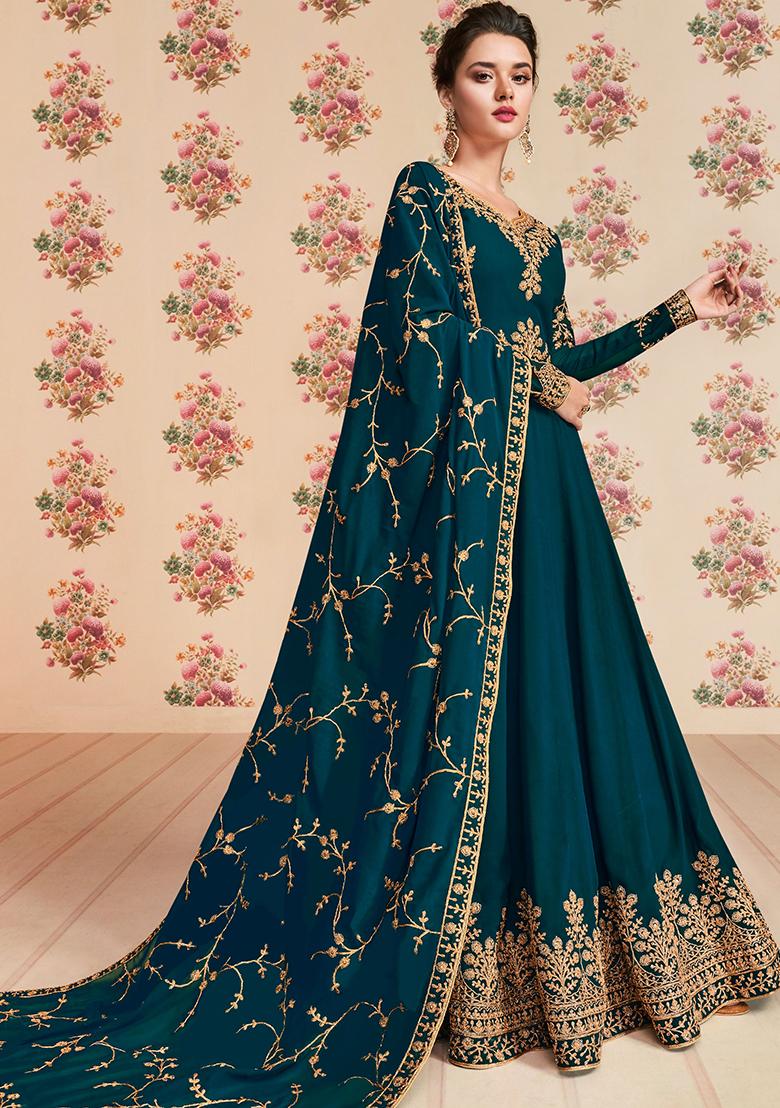Teal Blue Embroidered Georgette Kurta Set - Indya