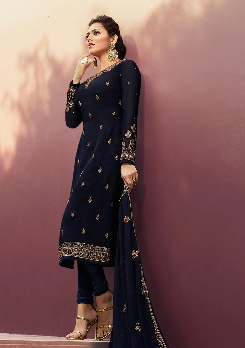 Blue Embroidered Georgette Kurta Set - Indya