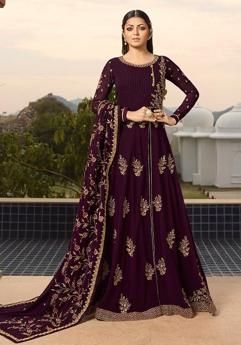 Wine Embroidered Georgette Kurta Set