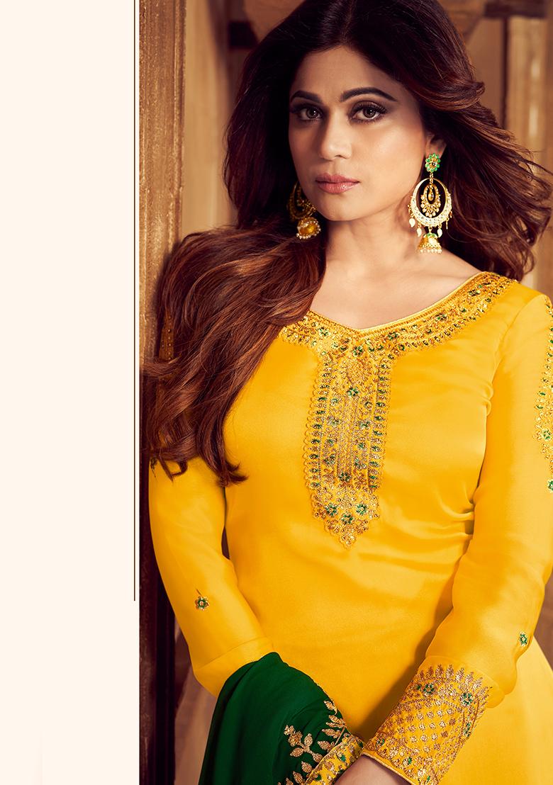 Yellow Embroidered Georgette Kurta Set - Indya