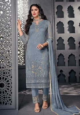 Blue Embroidered Net Kurta Set