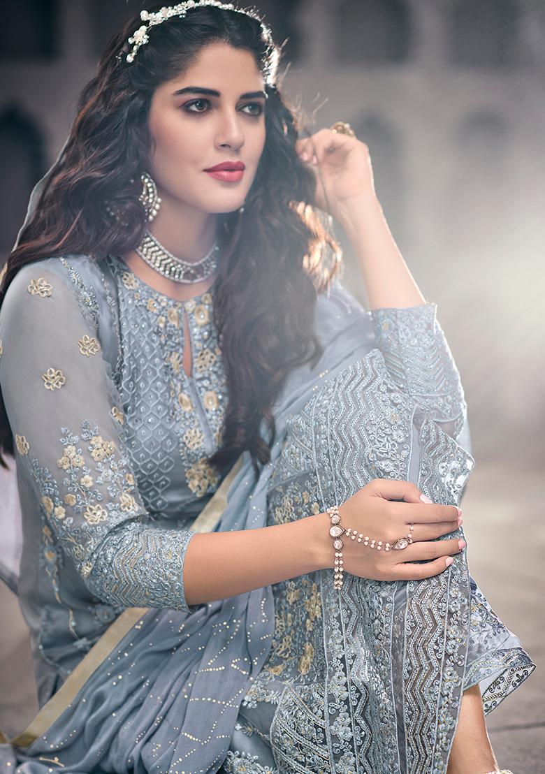 Blue Embroidered Net Kurta Set - Indya