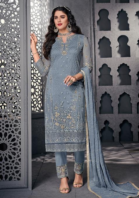 Blue Embroidered Net Kurta Set