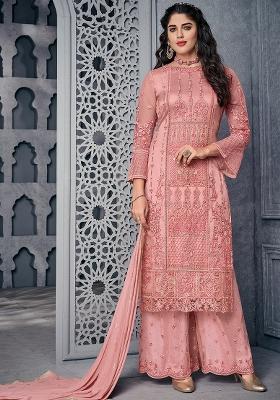 Pink Embroidered Net Kurta Set