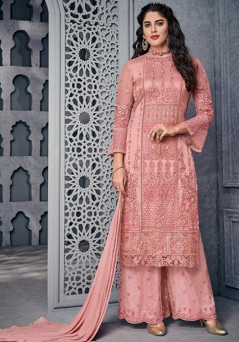 Pink Embroidered Net Kurta Set