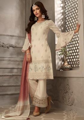 Off-White Embroidered Georgette Kurta Set