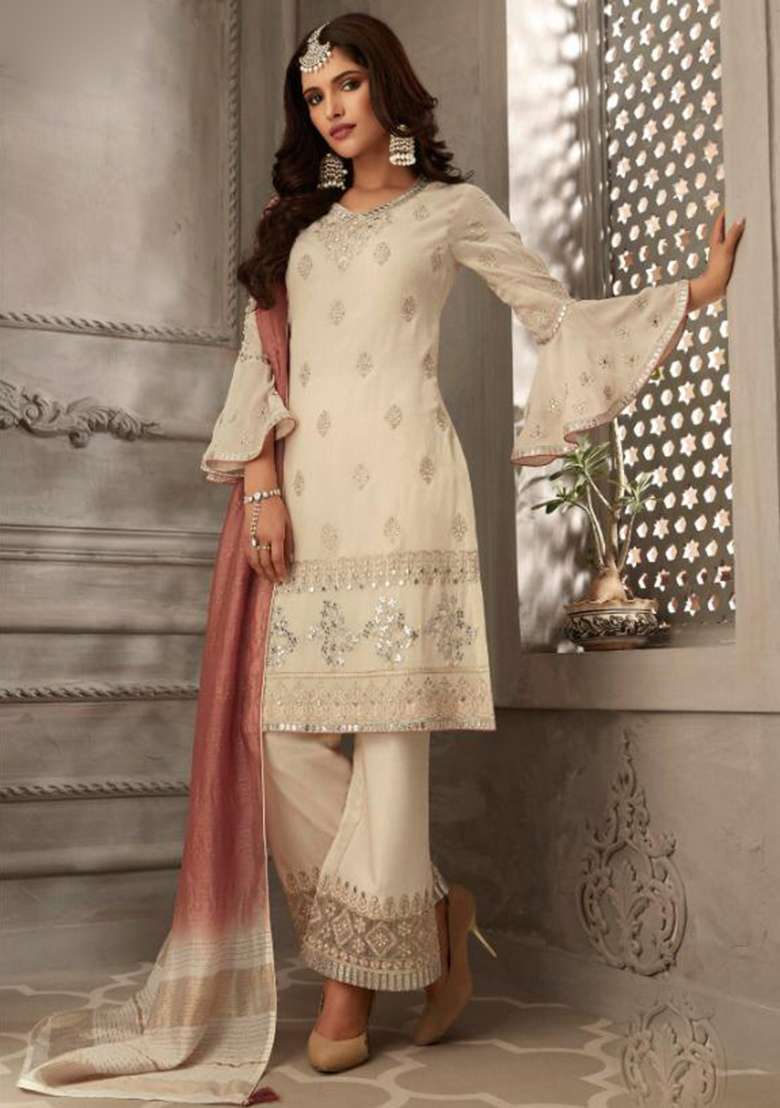 Off-White Embroidered Georgette Kurta Set - Indya