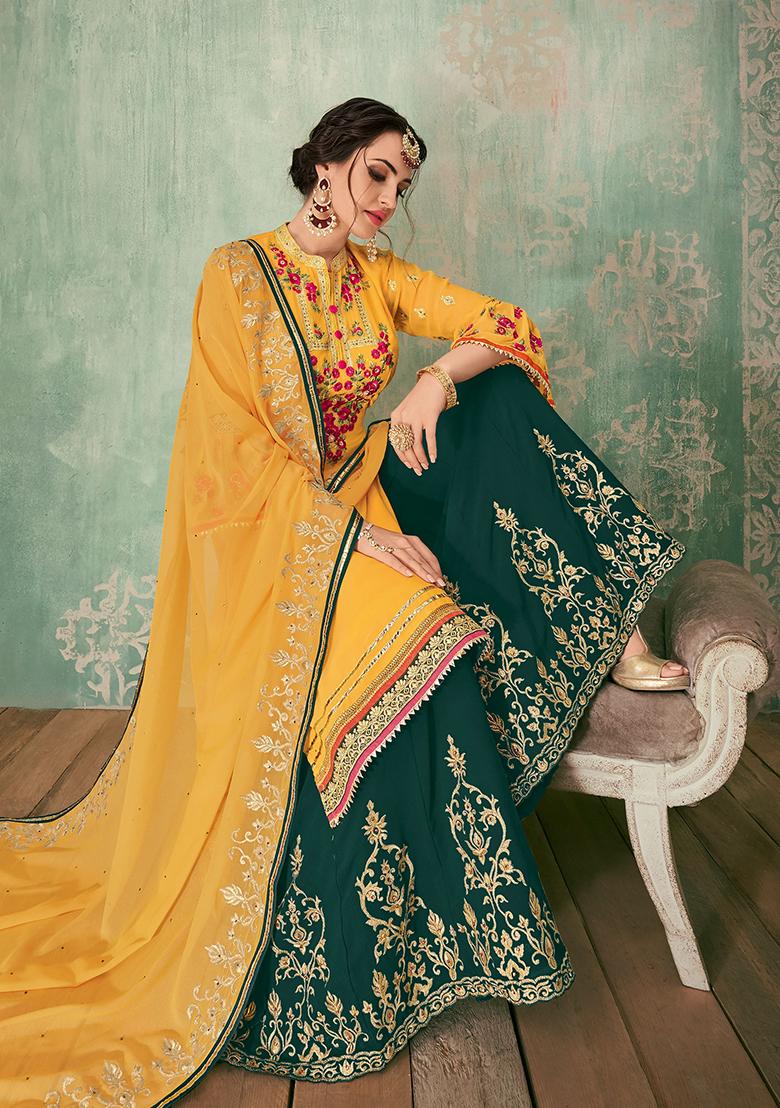 Yellow Embroidered Georgette Kurta Set - Indya
