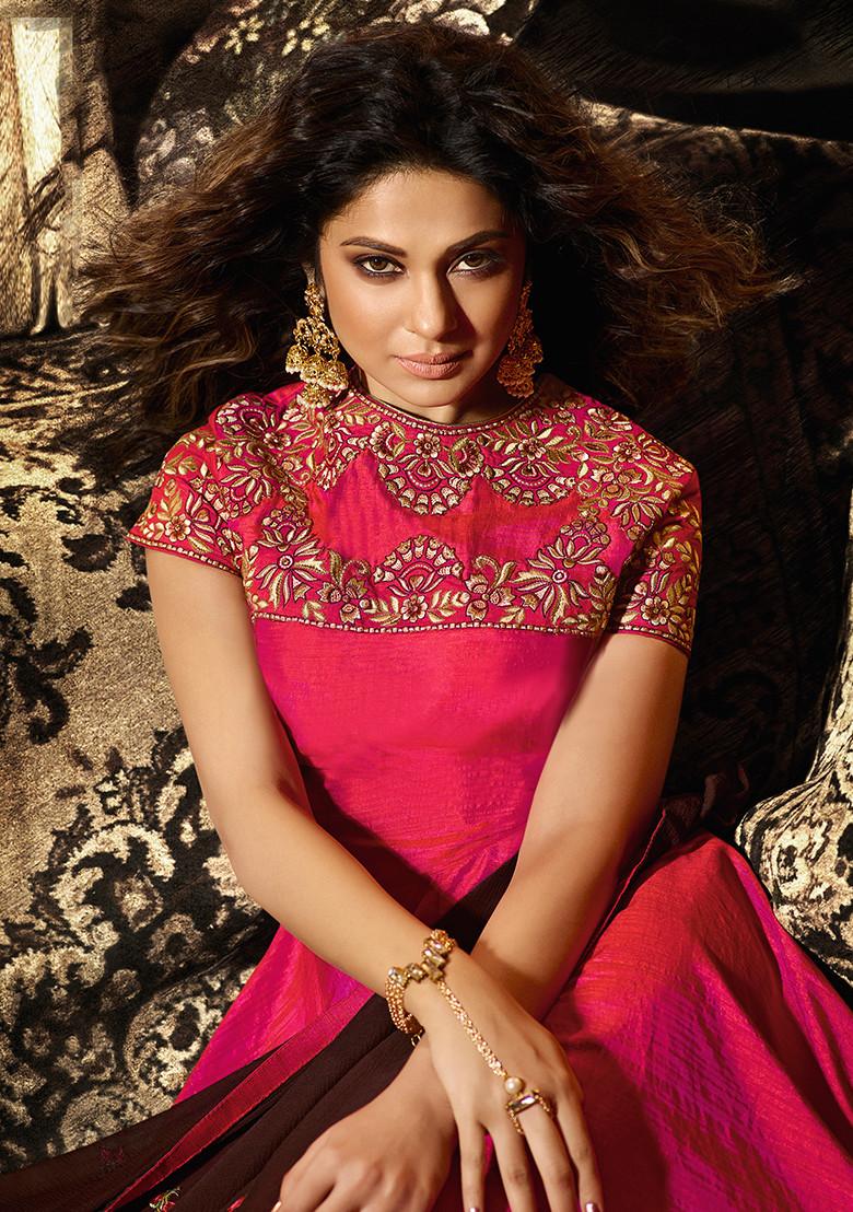 Pink Embroidered Silk Kurta With Dupatta - Indya