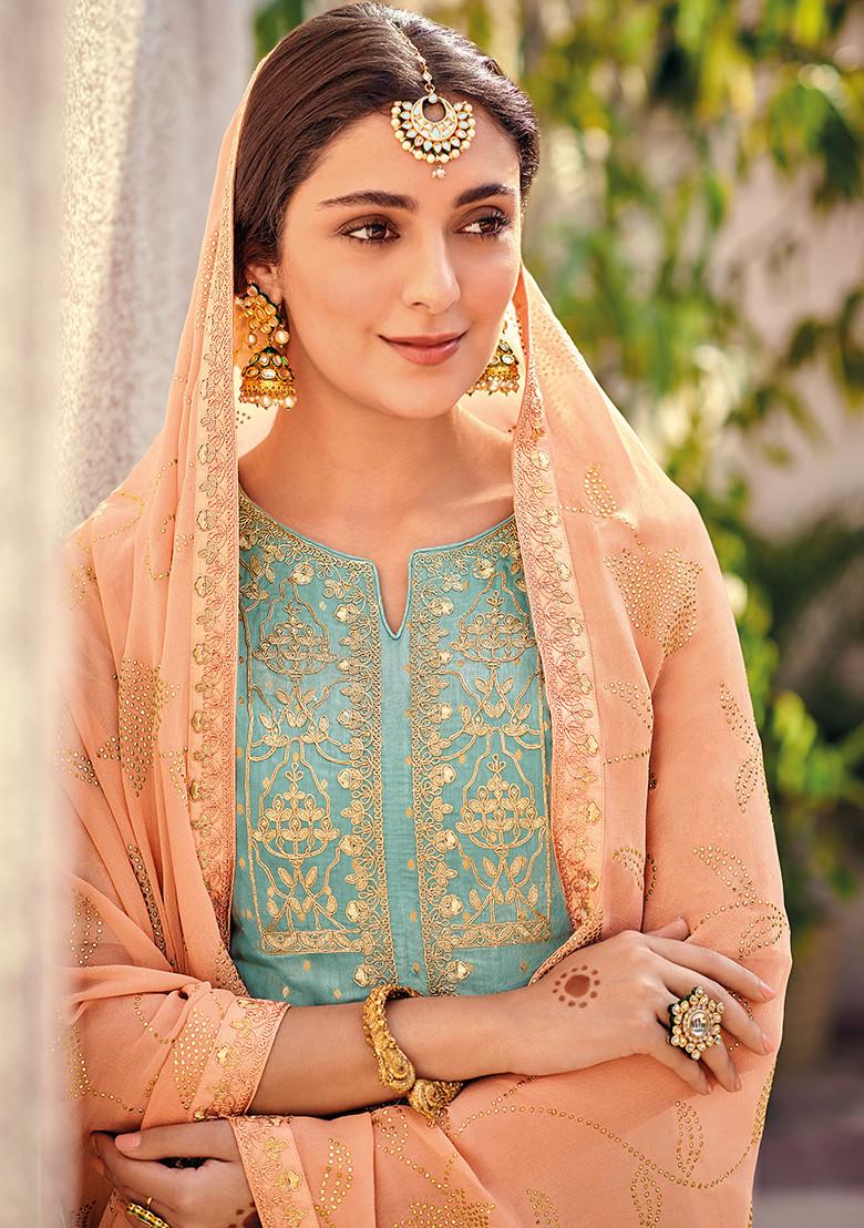 Teal Green Embroidered Silk Kurta Set - Indya