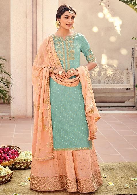 Teal Green Embroidered Silk Kurta Set