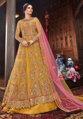 Mustard Embroidered Net Kurta Set