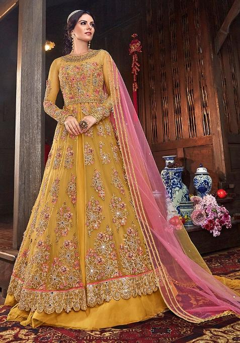 Mustard Embroidered Net Kurta Set