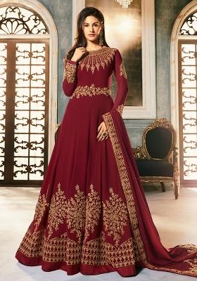 Maroon Embroidered Georgette Kurta Set