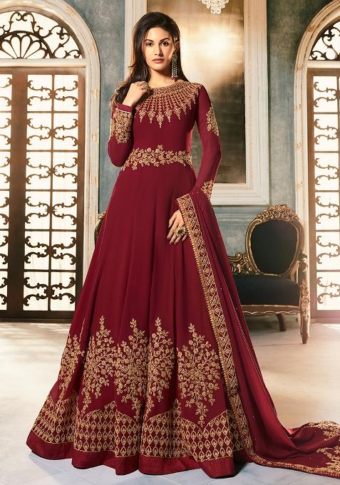 Maroon Embroidered Georgette Kurta Set
