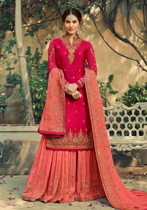 Pink Embroidered Georgette Kurta Set