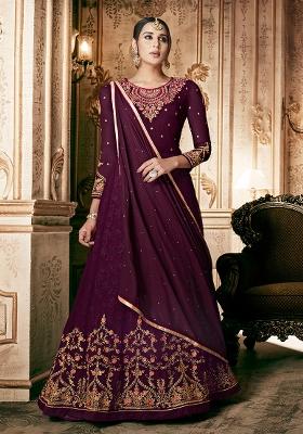 Wine Embroidered Georgette Kurta Set