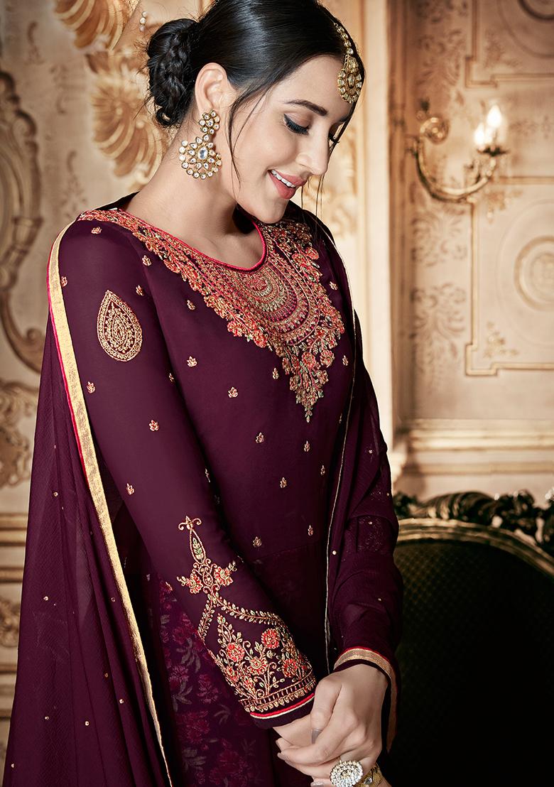 Wine Embroidered Georgette Kurta Set - Indya