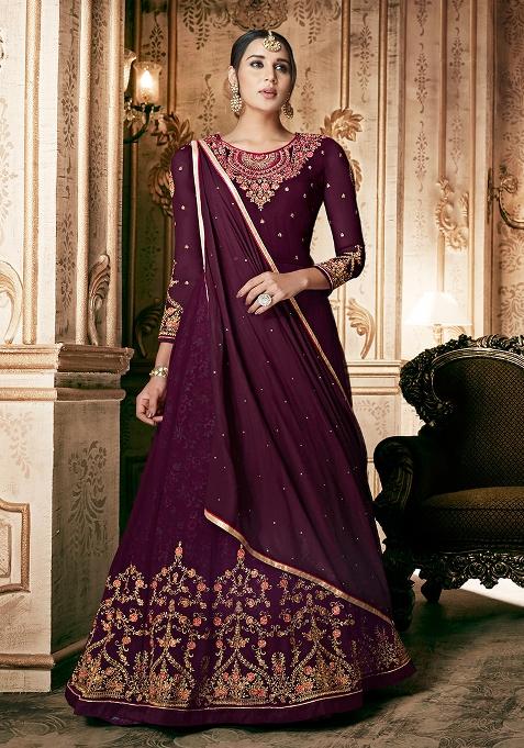 Wine Embroidered Georgette Kurta Set