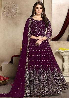 Wine Embroidered Georgette Kurta Set