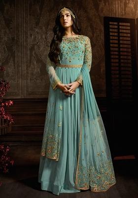 Blue Embroidered Georgette Kurta Set