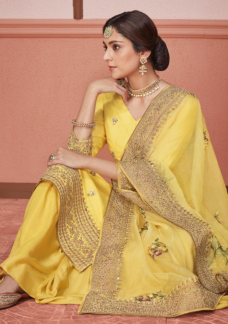 Yellow Embroidered Silk Kurta Set - Indya